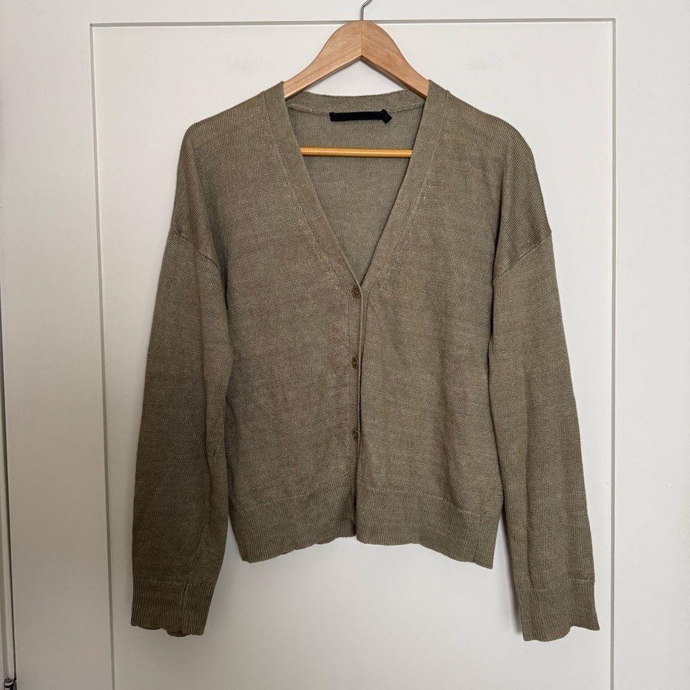 Jenni Kayne Relaxed Cardigan Womens Sz XS Green Linen V Neck Quiet Luxury